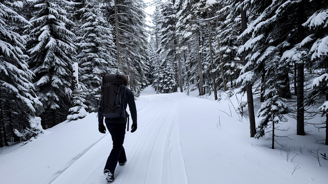 冬日的山林间，白雪覆盖着大地，一片银白世界。林间的小径上，一位行者背着沉重的背包，踏着深深的雪层艰难前行。虽然寒风呼啸，...
