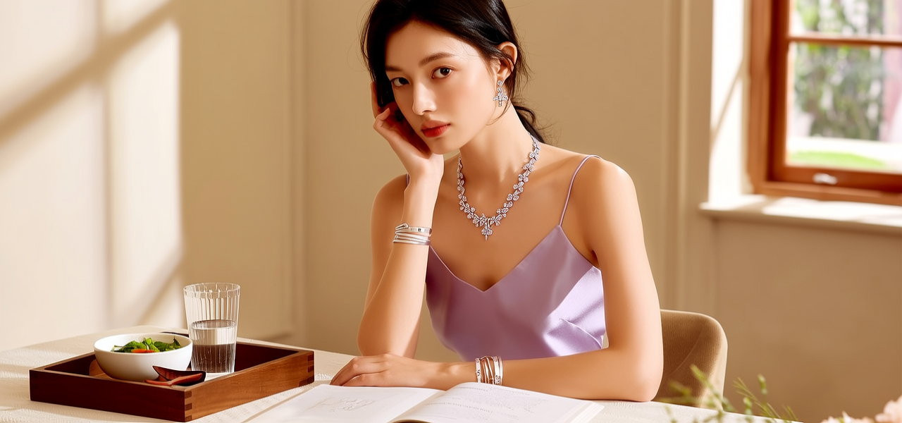 生活瞬间，美女，韩系美女，丝绸，美妆广告，家庭餐桌，4K超清，写实风格，温馨，柔和室内光，细腻皮肤，项链，耳环，手链。